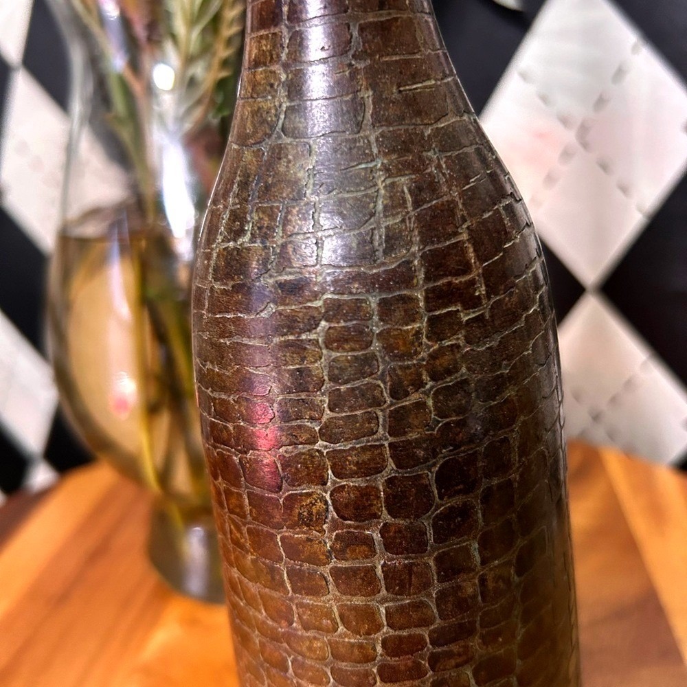 Sculptural Metal Bottle Bud Vase – Croc-Textured Brown Finish| Rustic - Picture 3 of 5